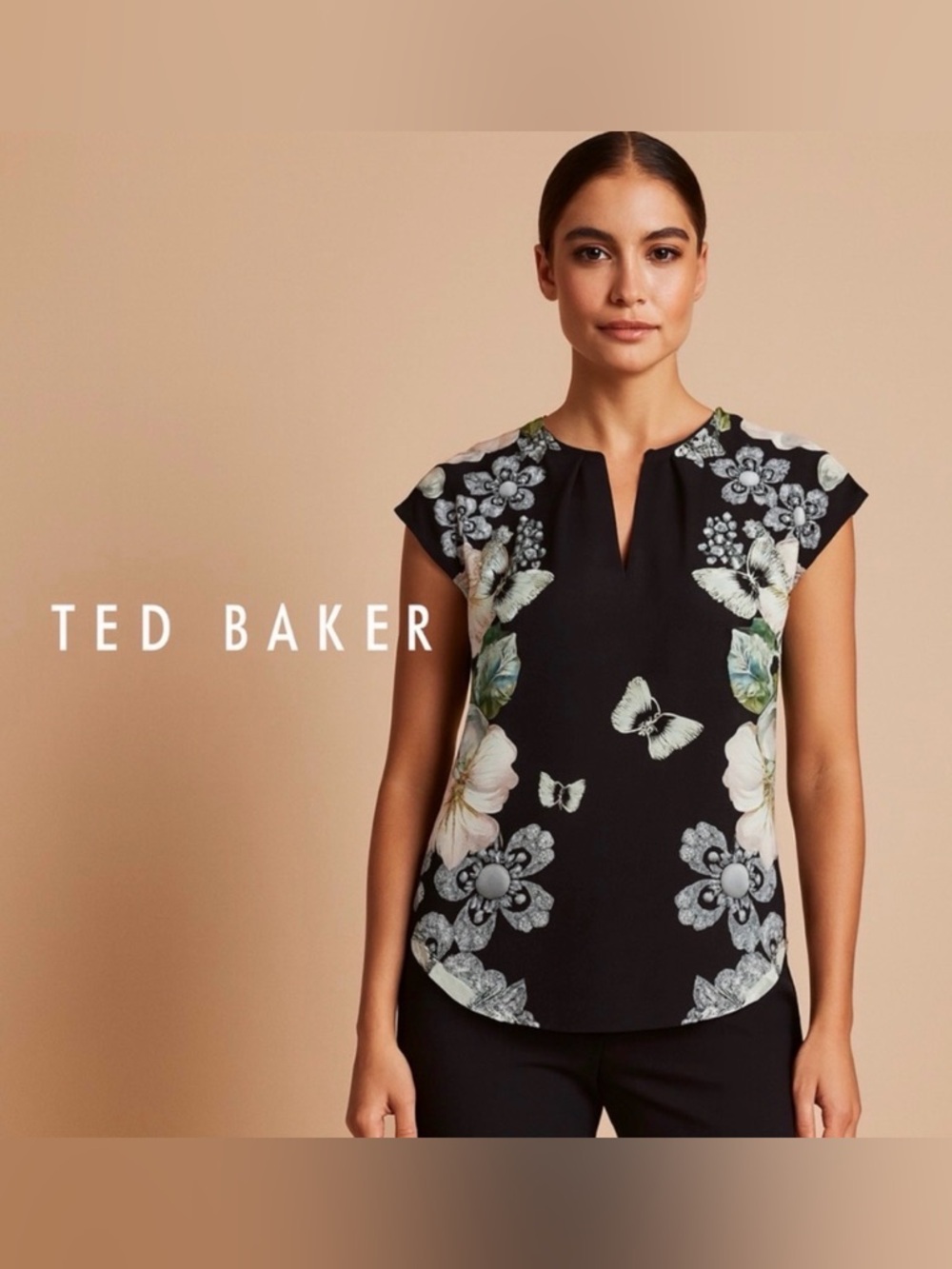 Ted Baker London Black and White Floral Butterfly Blouse Size 0 (XS)